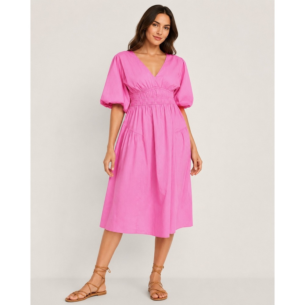 Old Navy Waist-Defined Puff-Sleeve Midi Dress Begonia Pink Size Large Barbiecore